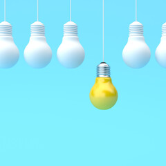3d illustration of yellow bulb outstanding hang from white bulbs on blue background.