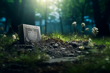 Tombstone on a grave. A place for inscription on the grave. A lonely tombstone on a cemetery - obrazy, fototapety, plakaty