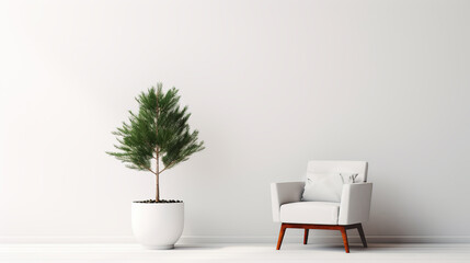 Obraz na płótnie Canvas Modern white armchair and potted green fir tree in an empty room with white wall and painted wooden floor. Copy space.