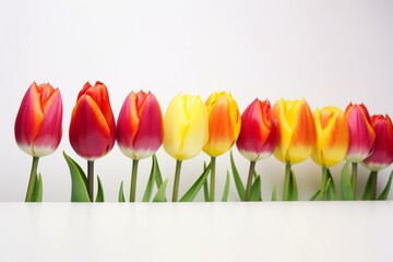 Vivid tulips in a line over white. Generative AI