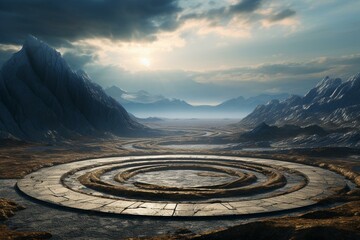 Fototapeta na wymiar Unique 3D image showing a mountain encircled by a road. Generative AI