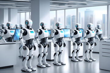 Many identical AI robots standing in big office. Robots replacing humans in offices. Unemployment, artificial intelligence and robotization effects on employment. 