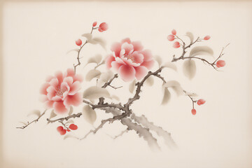 赤い花が咲いた椿の水墨画 - obrazy, fototapety, plakaty