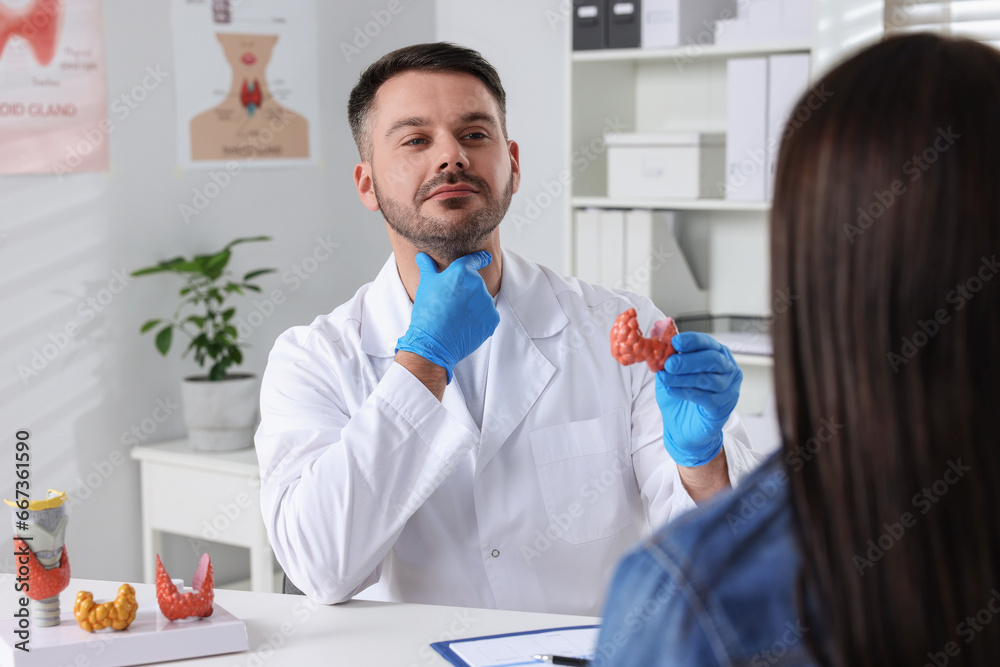 Wall mural Endocrinologist showing thyroid gland model to patient at table in hospital