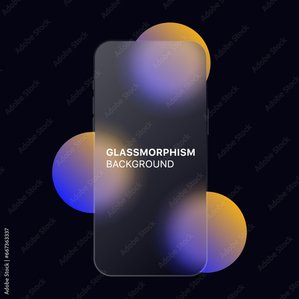 Poster glassmorphism background banner with transparent glass frame smartphone template . Realistic Frosted glass morphism effect with blurred abstract gradient blue circle shapes. Vector illustration