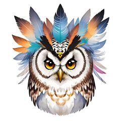 Fototapeta premium Tribal Owl Majesty - Isolated Feathered Wisdom Illustration. An isolated, detailed illustration of an owl with a stunning tribal feather headdress, perfect for impactful designs, T-shirts