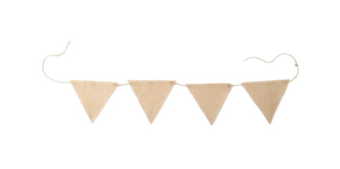 Bunting with triangular burlap flags isolated on white, top view