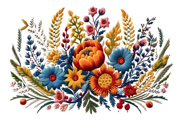 folklore background with satin stitch embroidery of floral motifs on a white background, flowers embroidery ethno - obrazy, fototapety, plakaty