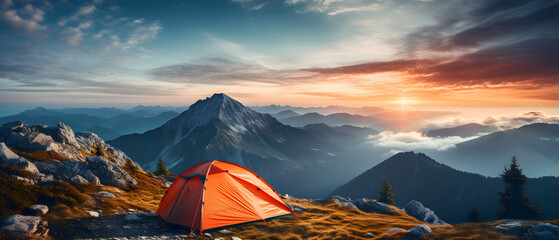 mountainous tourist camp with a tent in the foreground - obrazy, fototapety, plakaty