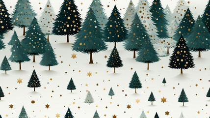 Texture of Christmas trees on white background. Christmas pattern for wrapping paper or backgrounds. Tile.  Texture with green Christmas tree motifs with golden details.