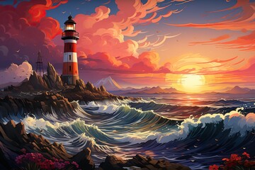 painting of a lighthouse on a promontory at sunset - obrazy, fototapety, plakaty