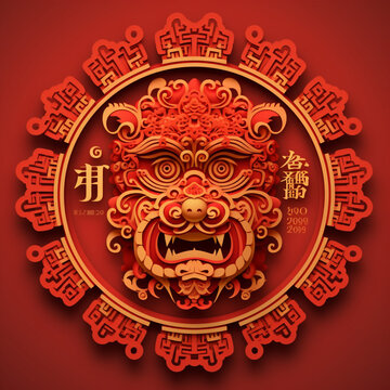 Chinese new year, dedicated to the dragon, year 2024, golden dragon on red background Spring Festival, is the traditional holiday, image created with AI