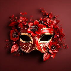Carnival concept, red mask on a red background, very exotic and colorful
