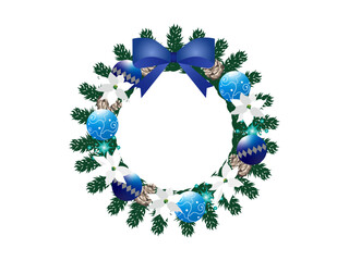 白いポインセチアと青いオーナメントのクリスマスリース