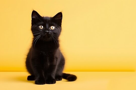 Small and young black cat on a yellow background