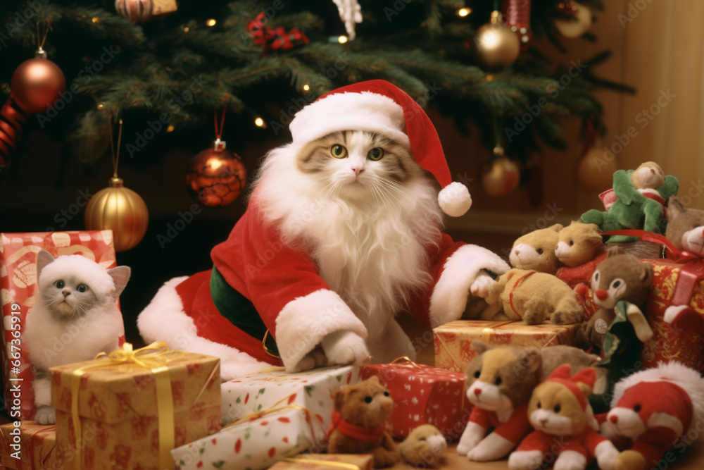 Wall mural cat dressed as santa claus among gift boxes and plush animals under a christmas tree