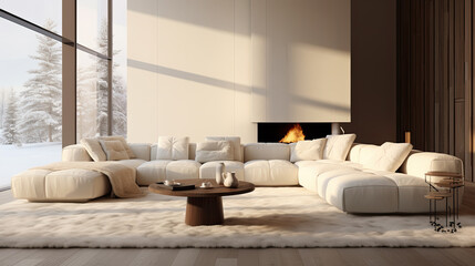 Cozy modern luxurious interior design of a living room with a white fluffy poliform sofa, tall ceiling, off-white cream colored textiles