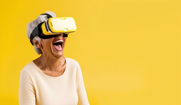 Elderly Mexican Latin woman uses virtual reality glasses and gets excited