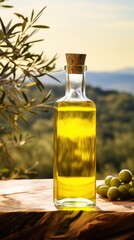 Olive oil in a glass bottle on a wooden table with olive trees under the morning sun. green olives. raw materials for olive oil. view of the garden with olive trees.