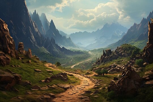 A rugged trail through the mountainous terrain. Scenic and surreal scenery. Generative AI