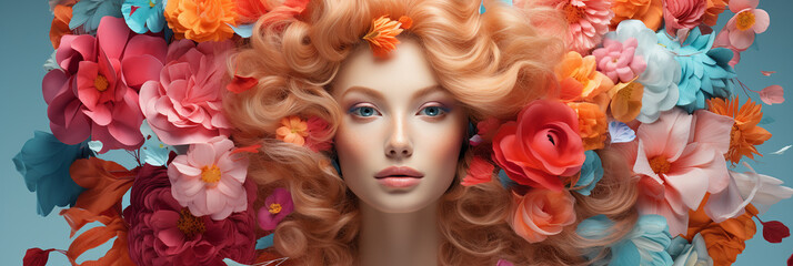 mulher com flores nos cabelos - obrazy, fototapety, plakaty