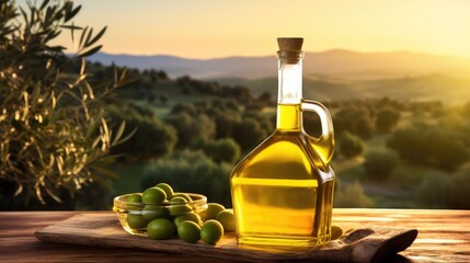 Olive oil in a glass bottle on a wooden table with olive trees under the morning sun. green olives. raw materials for olive oil. view of the garden with olive trees.