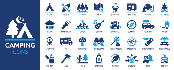 Camping icon set. Camp, tent, fishing, nature, picnic table, forest, campfire, hiking and more. Vector solid icons collection. - obrazy, fototapety, plakaty