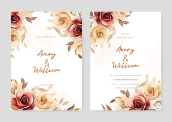 Red and yellow rose elegant wedding invitation card template with watercolor floral and leaves