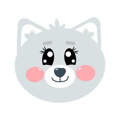 Cartoon kawaii cute cat, kitty, kitten grey face, head for children isolated on white background