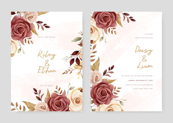 Red pink and beige rose modern wedding invitation template with floral and flower