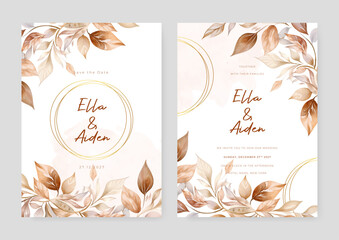 Fototapeta na wymiar Beige leaf beautiful wedding invitation card template set with flowers and floral