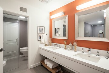Bright bathroom, two mirrors, sinks. Generative AI