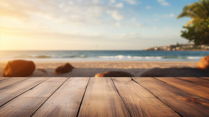 Fototapeta na wymiar Empty wooden table top with blur background of seaside resort