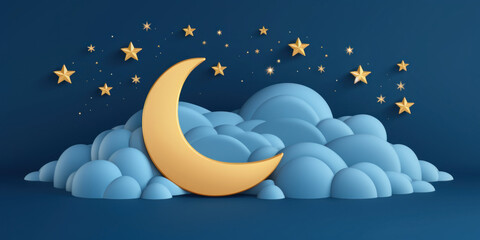 Fototapeta premium A month with golden stars and clouds in a dark blue sky