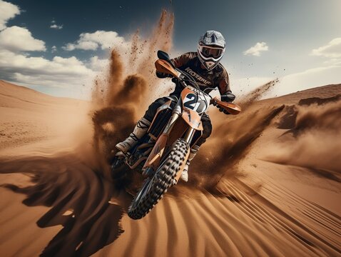 Extreme Motocross MX Rider riding on Sand track, desert on the background