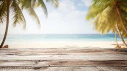 Wooden table with blur background of beach - obrazy, fototapety, plakaty