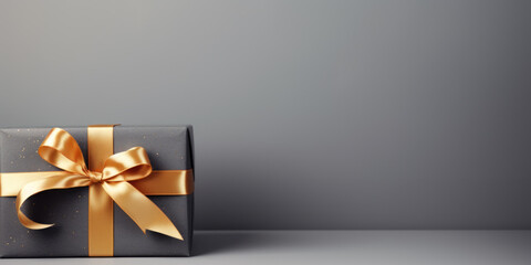 Grey gift box with golden ribbon and grey background with glitter, bokeh and space for text or copy