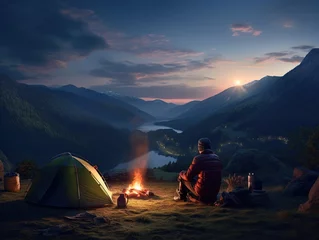 Fotobehang Man camping outdoor sitting next to a tent with campfire next him © Amir