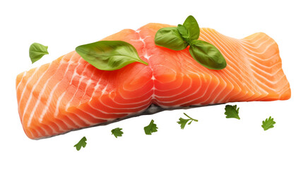 Fresh Salmon Fillet with Basil - Top View Isolated on Transparent Background, Raw Seafood Ingredient for Cooking, Gourmet Food Photography, PNG