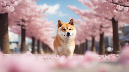 Cute Shiba Inu at the Japanese Street with Blooming Sakura Trees and Blue Sky on the background
 - obrazy, fototapety, plakaty
