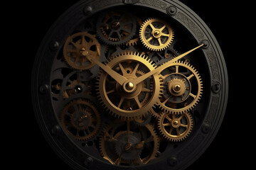 Golden black old clock close up at front view on dark background generative ai