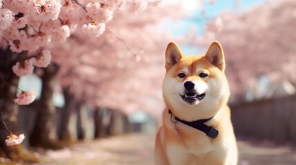 Cute Shiba Inu at the Japanese Street with Blooming Sakura Trees and Blue Sky on the background
