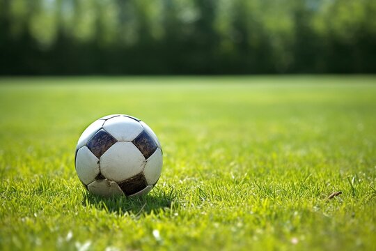 Ball on the field, prepared for a soccer match near the goal. Generative AI