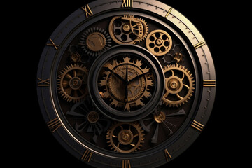 Fototapeta na wymiar Golden black old clock close up at front view on dark background generative ai