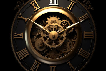 Golden black old clock close up at front view on dark background generative ai