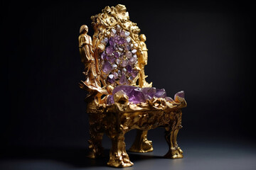 Golden chair of the gods which is decorated with purple amethyst generative ai