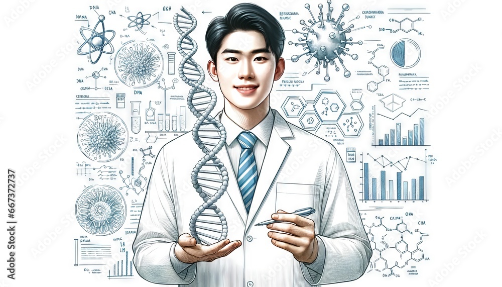 Wall mural 2d illustration of a scientist using lab equipment and technology tools