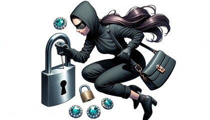 A female thief wearing black and picking a lock