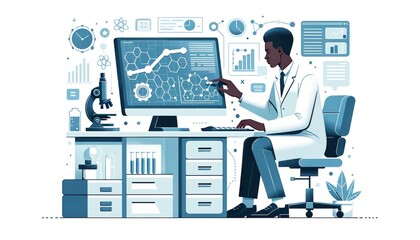 Naklejka premium 2D illustration of a scientist using lab equipment and technology tools