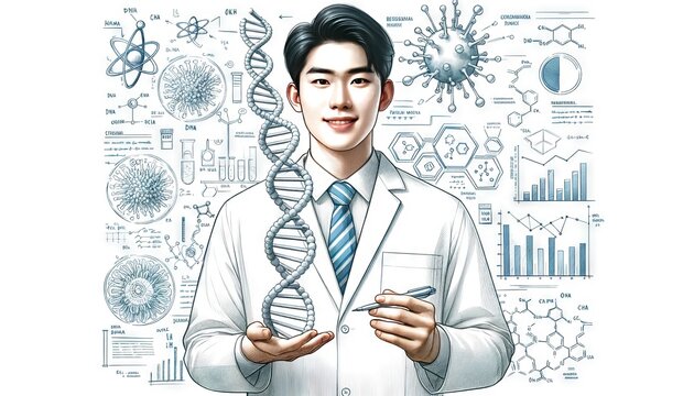 2D illustration of a scientist using lab equipment and technology tools